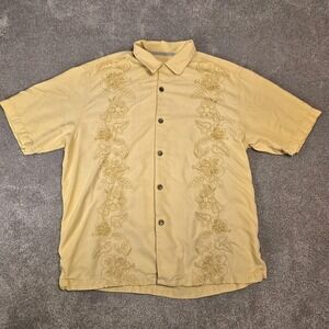 Tommy Bahama 100% Silk Floral Embroidered Camp‎ Shirt Small Yellow Button Front